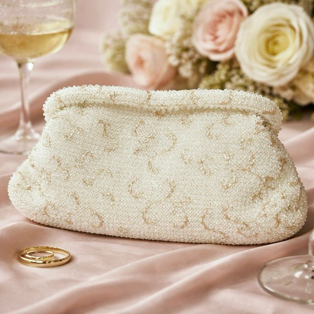 Cordé Bead Bridal Clutch Ivory Gold Swirl Beaded Evening Bag Romantic Luxe Weddi